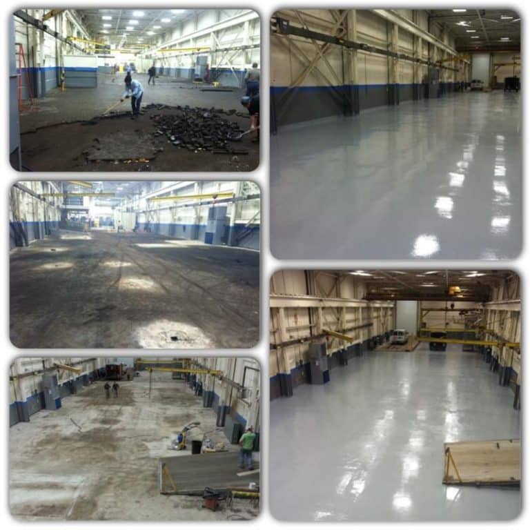 Industrial resinous flooring with a smooth, glossy surface in shades of gray. The surface has a slightly reflective quality, and the flooring is highly durable and ideal for commercial and industrial settings.