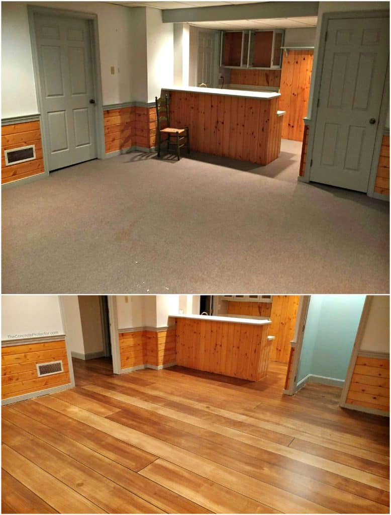 The image shows a close-up view of a Rustic Concrete Wood flooring system installed in a residential or commercial space.
