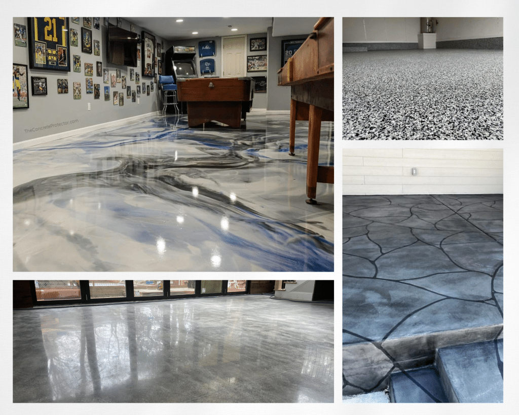 Collection of images showcasing the work of Decorative Concrete Contractors, featuring decorative concrete surfaces in various colors, patterns, and textures.