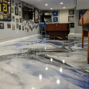 Metallic Marble Epoxy Basement Floor Coating - Stunning and Durable flooring option for basements, with a marbled metallic design.
